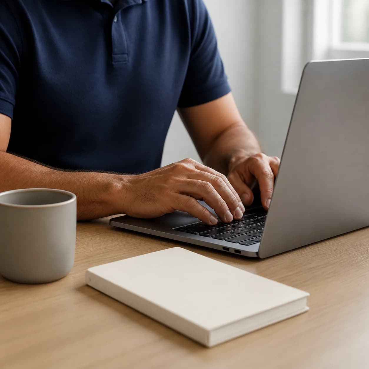 Hands typing on a laptop at an office desk, logging a new customer enquiry