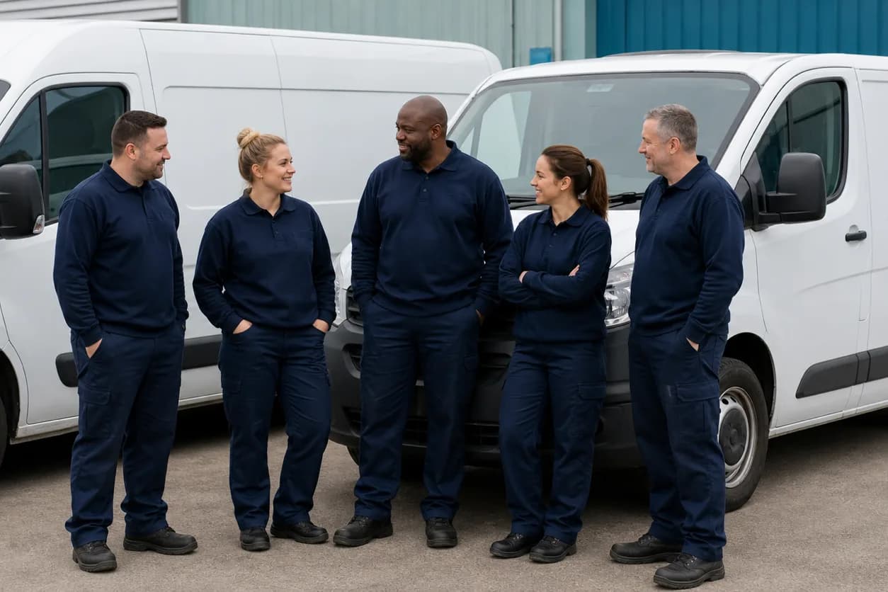 Team of pest control professionals standing together in front of their service vans