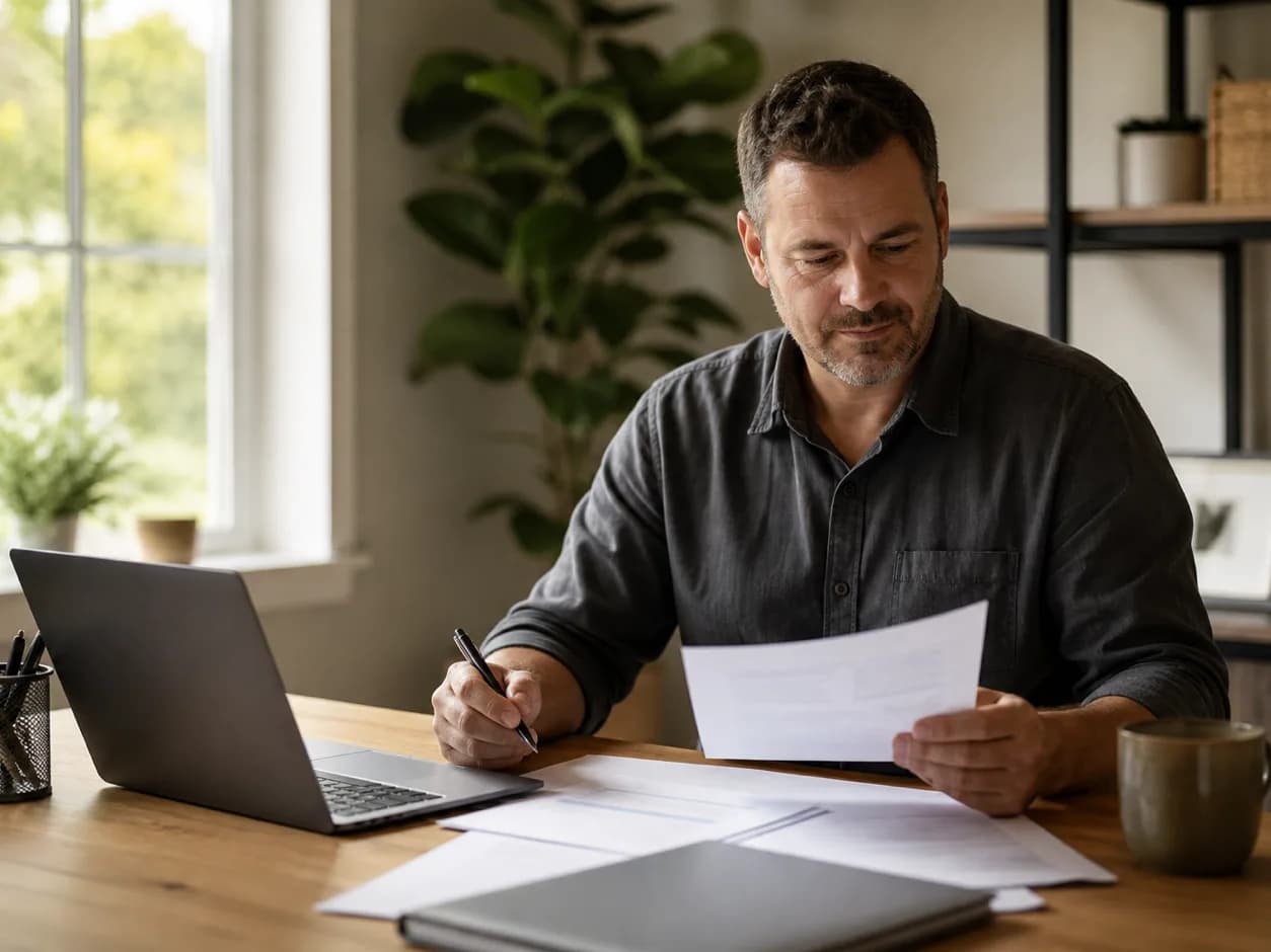Business owner reviewing invoices and accounts at a home-office desk