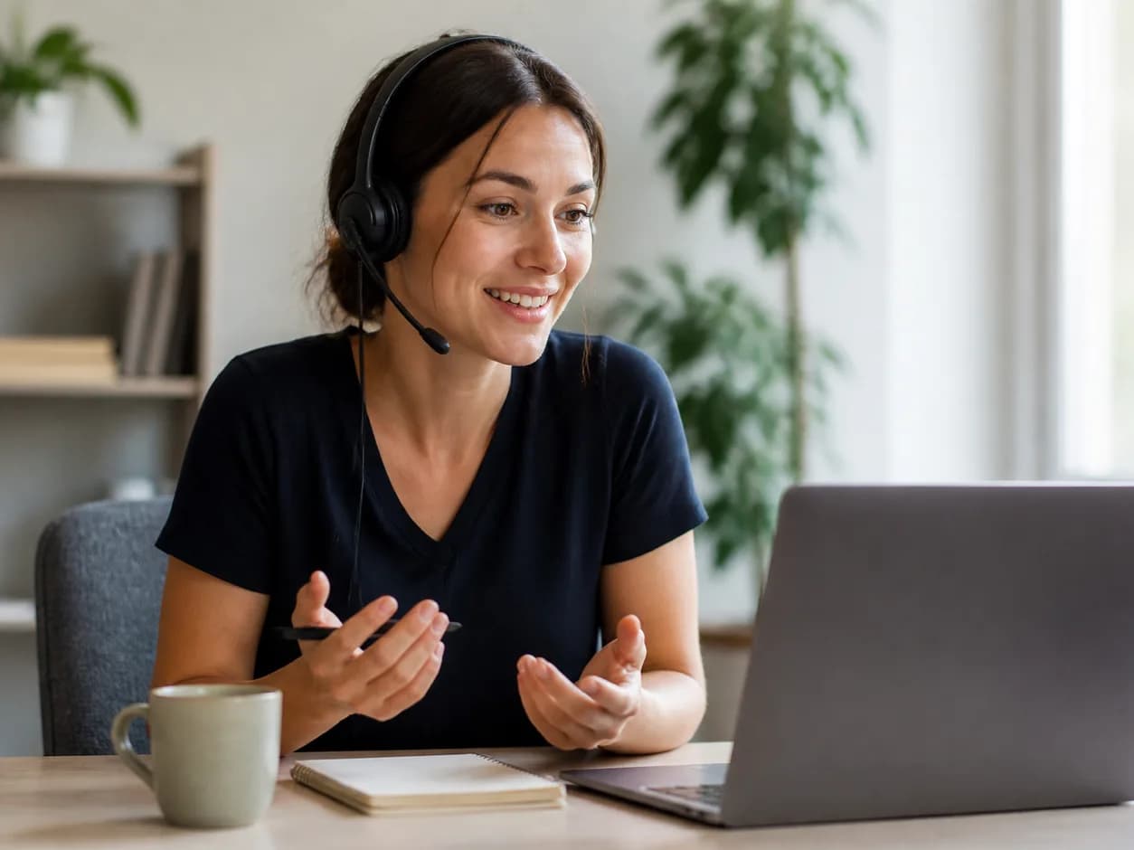 Customer support specialist wearing a headset at a bright modern desk